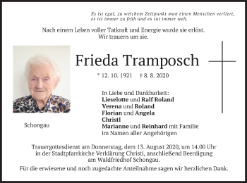 Todesanzeige von Frieda Tramposch von merkurtz