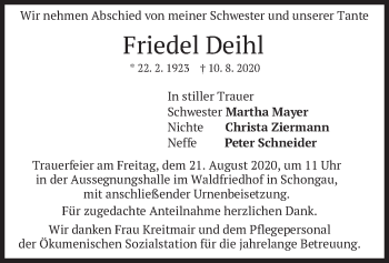 Todesanzeige von Friedel Deihl von merkurtz