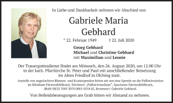 Todesanzeige von Gabriele Maria Gebhard von merkurtz