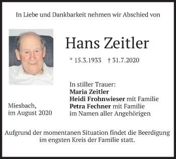Todesanzeige von Hans Zeitler von merkurtz