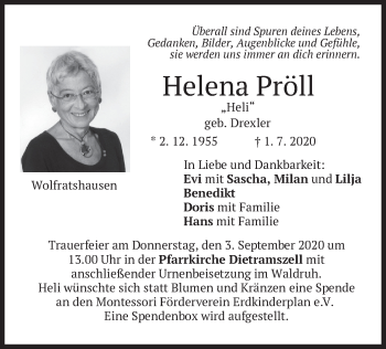 Todesanzeige von Helena Pröll von merkurtz