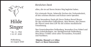 Todesanzeige von Hilde Singer von merkurtz