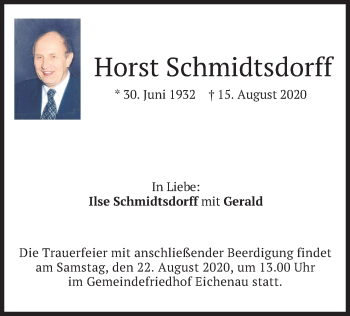 Todesanzeige von Horst Schmidtsdorff von merkurtz