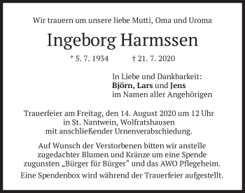 Todesanzeige von Ingeborg Harmssen von merkurtz