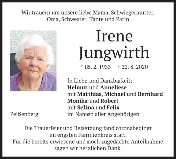 Todesanzeige von Irene Jungwirth von merkurtz