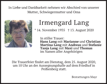 Todesanzeige von Irmengard Lang von merkurtz