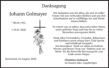 Todesanzeige von Johann Golmayer von merkurtz