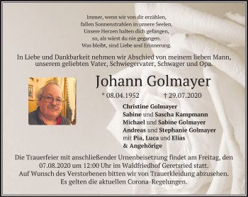 Todesanzeige von Johann Golmayer von merkurtz