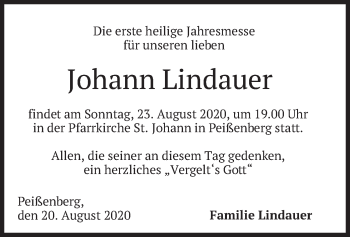 Todesanzeige von Johann Lindauer von merkurtz