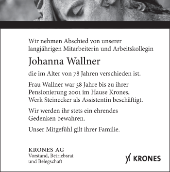 Todesanzeige von Johanna Wallner von merkurtz