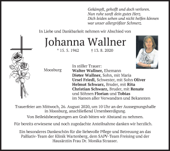 Todesanzeige von Johanna Wallner von merkurtz