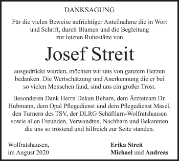 Todesanzeige von Josef Streit von merkurtz