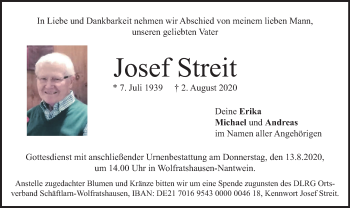 Todesanzeige von Josef Streit von merkurtz