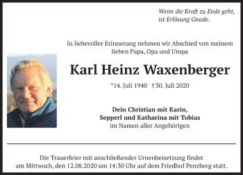 Todesanzeige von Karl Heinz Waxenberger von Das Gelbe Blatt Penzberg