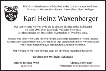 Todesanzeige von Karl Heinz Waxenberger von merkurtz