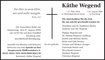 Todesanzeige von Käthe Wegend von Das Gelbe Blatt Penzberg