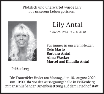 Todesanzeige von Lily Antal von merkurtz