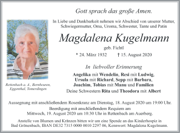 Todesanzeige von Magdalena Kugelmann von merkurtz