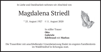 Todesanzeige von Magdalena Striedl von merkurtz