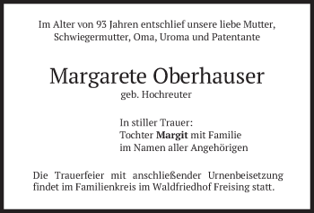 Todesanzeige von Margarete Oberhauser von merkurtz