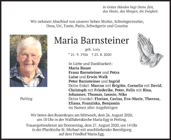 Todesanzeige von Maria Barnsteiner von merkurtz