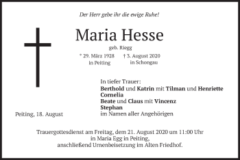 Todesanzeige von Maria Hesse von merkurtz