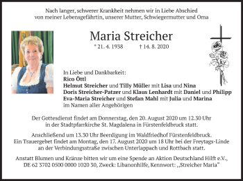 Todesanzeige von Maria Streicher von merkurtz