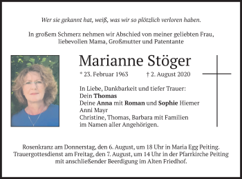 Todesanzeige von Marianne Stöger von merkurtz