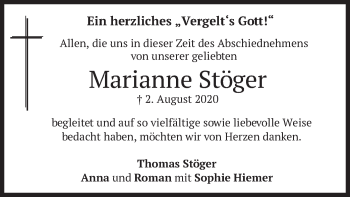 Todesanzeige von Marianne Stöger von merkurtz