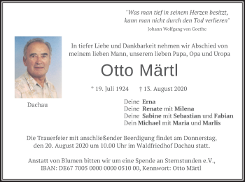 Todesanzeige von Otto Märtl von merkurtz
