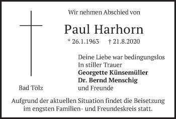Todesanzeige von Paul Harhorn von merkurtz