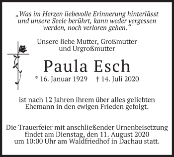 Todesanzeige von Paula Esch von merkurtz