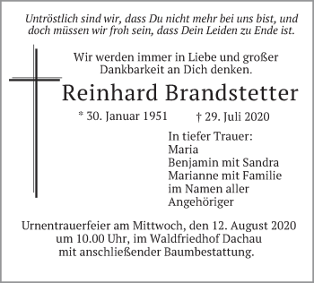 Todesanzeige von Reinhard Brandstetter von merkurtz