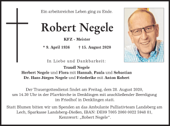 Todesanzeige von Robert Negele von merkurtz