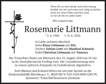 Todesanzeige von Rosemarie Littmann von merkurtz