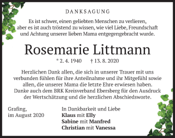 Todesanzeige von Rosemarie Littmann von merkurtz