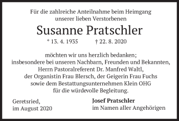 Todesanzeige von Susanne Pratschler von merkurtz