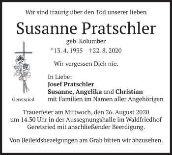 Todesanzeige von Susanne Pratschler von merkurtz