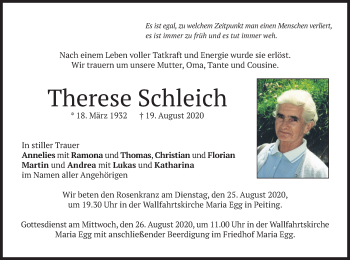 Todesanzeige von Therese Schleich von merkurtz