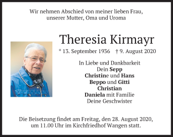 Todesanzeige von Theresia Kirmayr von merkurtz