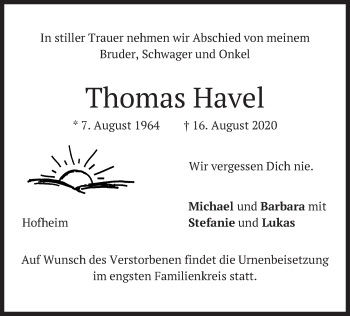 Todesanzeige von Thomas Havel von merkurtz