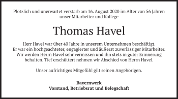 Todesanzeige von Thomas Havel von merkurtz