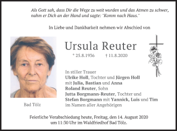 Todesanzeige von Ursula Reuter von merkurtz