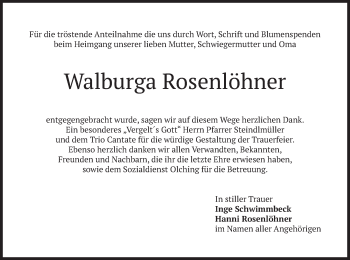 Todesanzeige von Walburga Rosenlöhner von merkurtz
