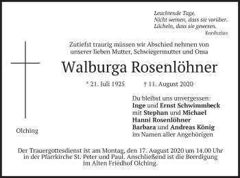 Todesanzeige von Walburga Rosenlöhner von merkurtz