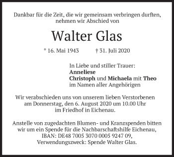 Todesanzeige von Walter Glas von merkurtz