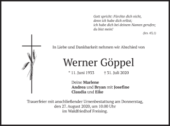 Todesanzeige von Werner Göppel von merkurtz