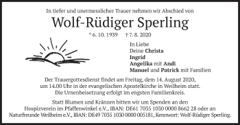 Todesanzeige von Wolf-Rüdiger Sperling von merkurtz