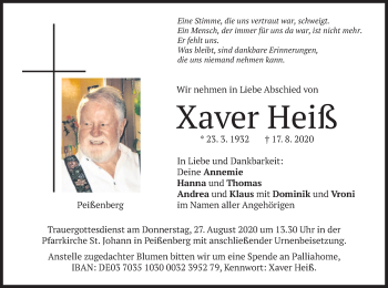 Todesanzeige von Xaver Heiß von merkurtz