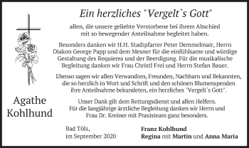 Todesanzeige von Agathe Kohlhund von merkurtz